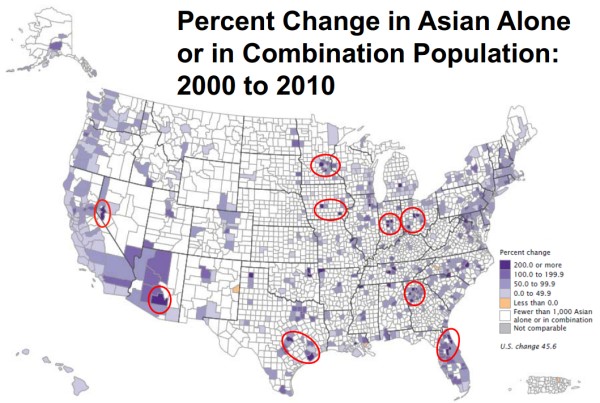 Growth of Asian American population by county population in 2010 © U.S. Census Bureau