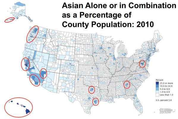 Asian Americans as a proportion of county population in 2010 © U.S. Census Bureau
